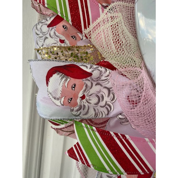 XL 28” Pink Red Green Santa Claus Deco Mesh Ribbon Christmas Wreath - Picture 2 of 8